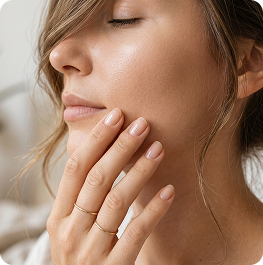 Woman touching her clear and even-looking skin